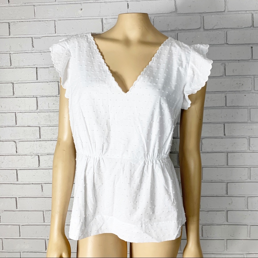 J. Crew V-Neck Peplum Top in White Swiss Dot